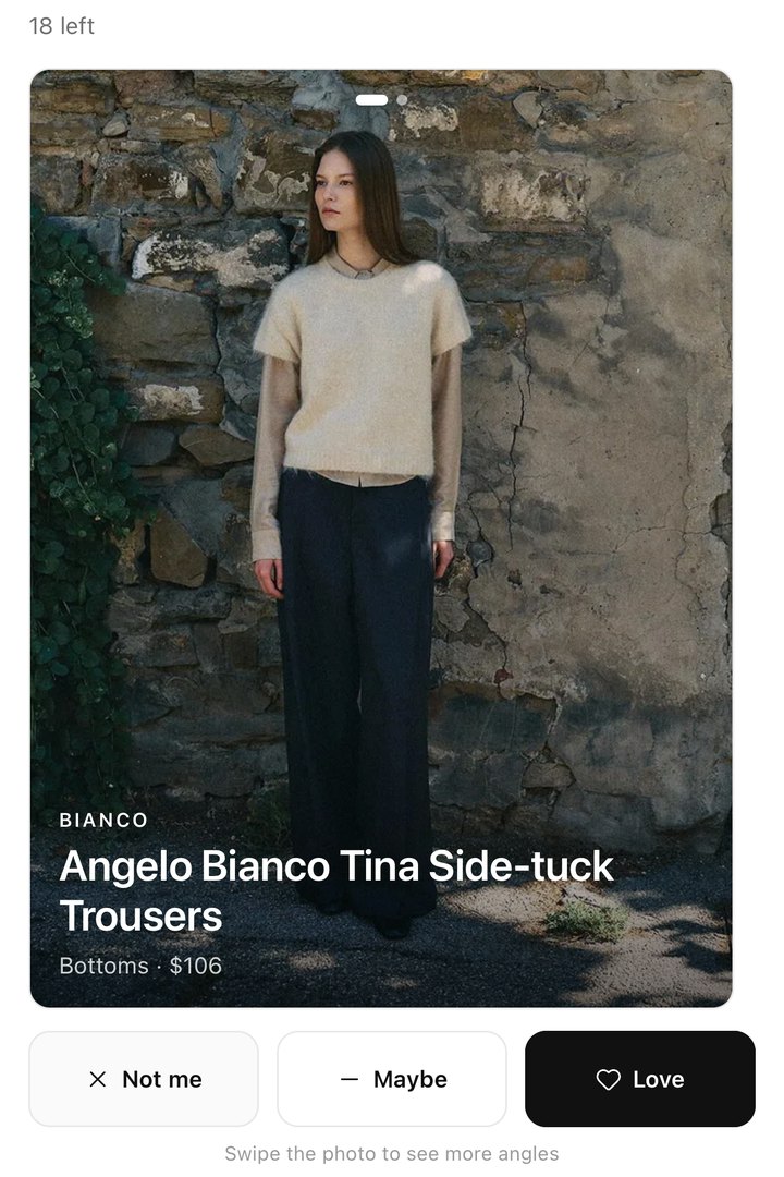 The app’s first step: a trouser photo with Not me, Maybe and Love buttons